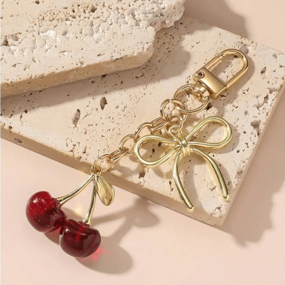 Gold Cherry Keychain with Bow